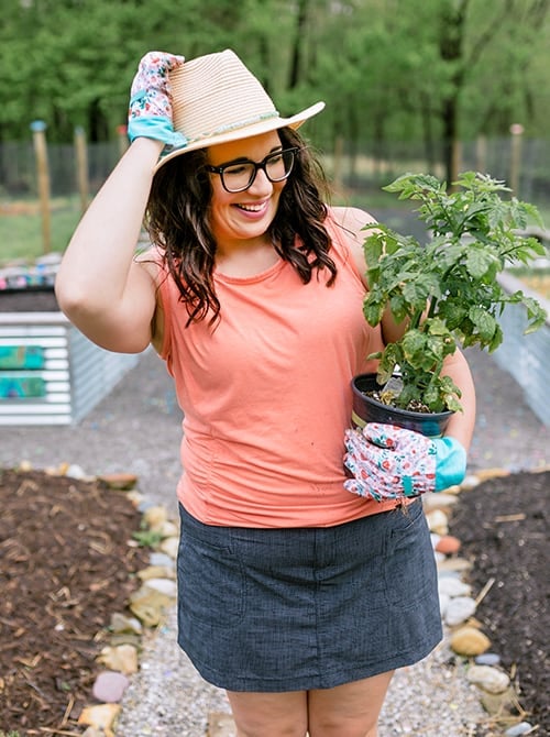 cass-holding-tomato-plant-smiling Smiling woman stands in the garden with a tomato plant