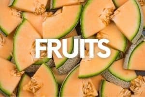 Cantaloupe slices with a text overlay that says "Fruits"