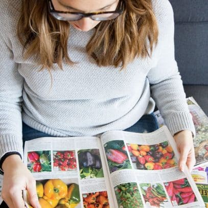 A brunette woman looks through seed catalogs.