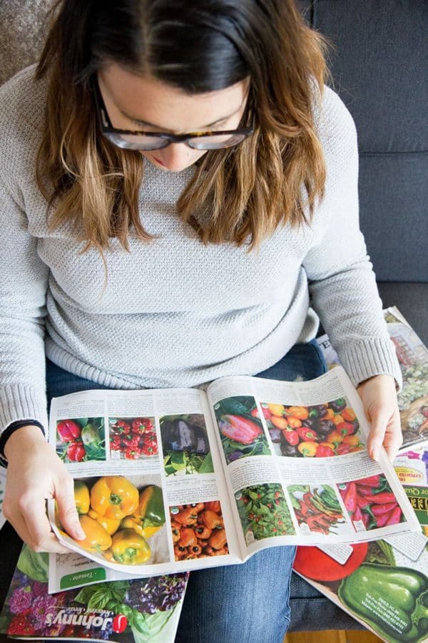 A brunette woman looks through seed catalogs.