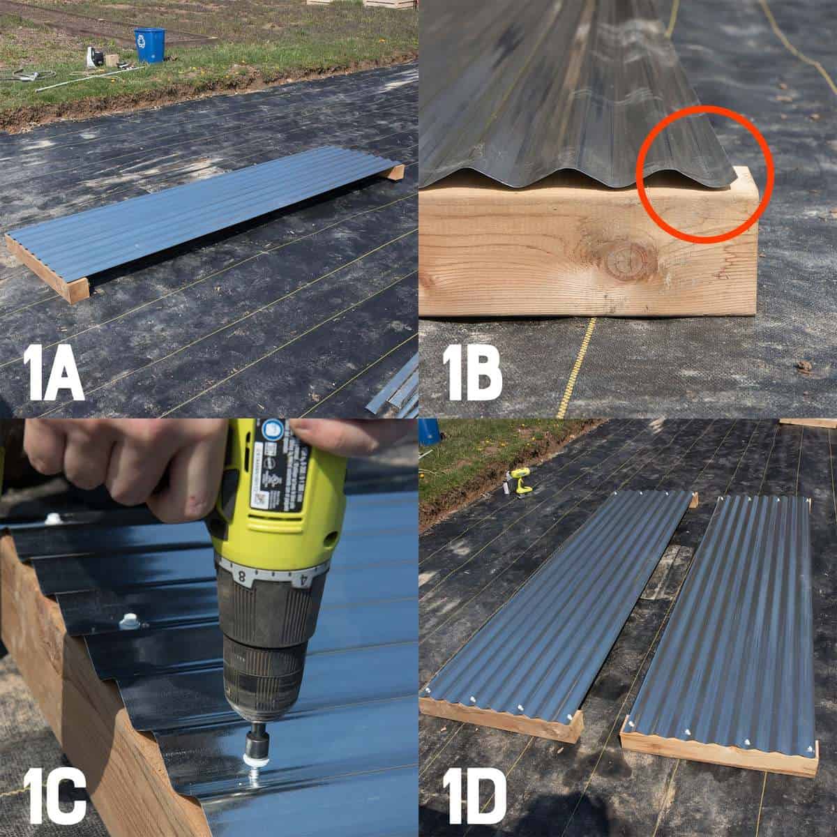 Four image collage of building the first side of a galvanized steel raised bed