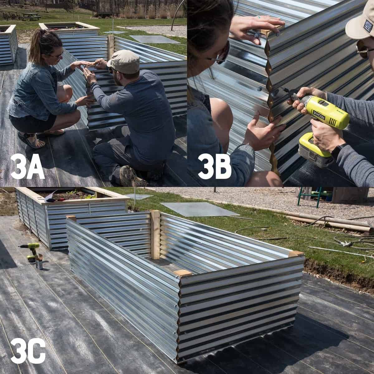 Three image collage of attaching the fourth side of a galvanized steel raised bed