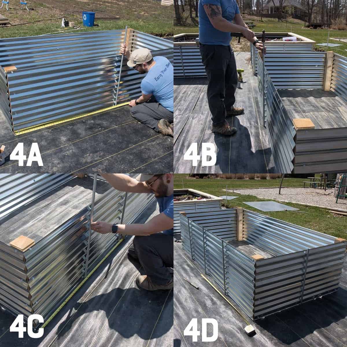 Four image collage of reinforcing a galvanized steel raised bed with conduit