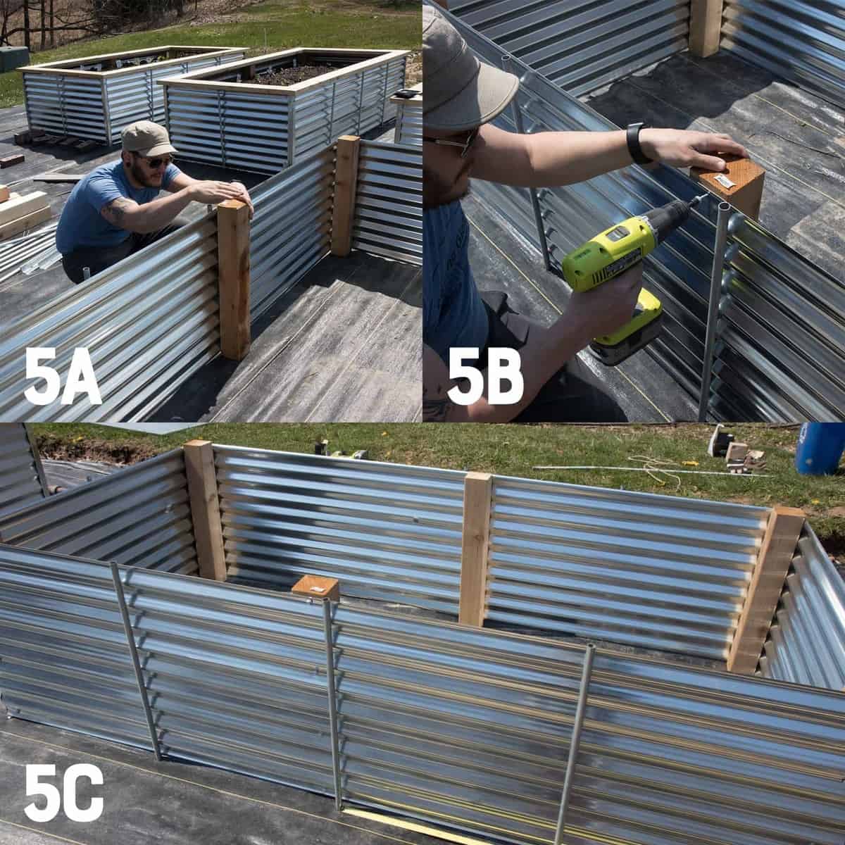 Three image collage of reinforcing a galvanized steel raised bed with conduit and cedar