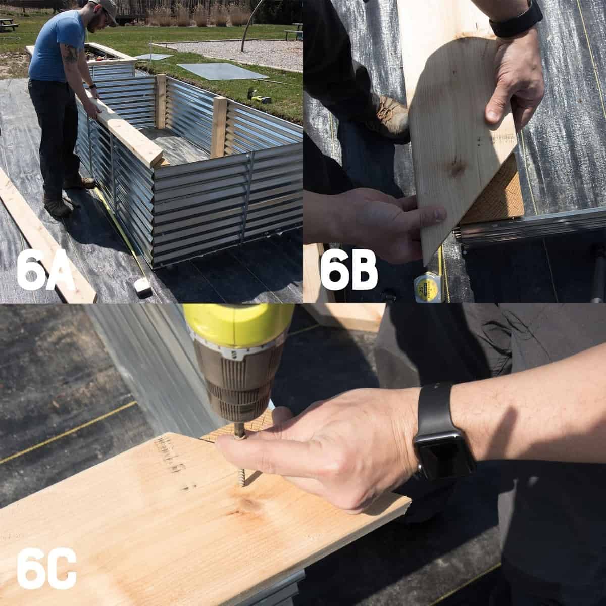 Three image collage of attaching a cedar top to a galvanized steel raised bed
