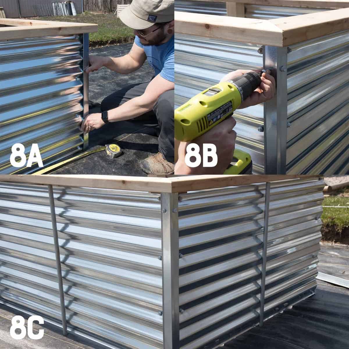 Three image collage of attaching roof edging to the corners of a galvanized steel raised bed