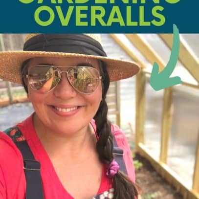 A brunette woman in a pink shirt, patterned overalls, sunglasses, and a sun hat smiles at the camera. A text overlay reads "Our Favorite Gardening Overalls."