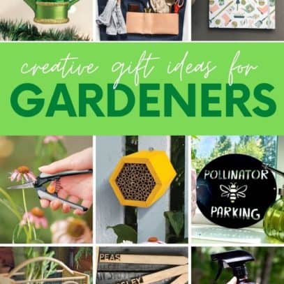 A collage of gifts for garden lovers, with a text overlay that reads "Creative Gift Ideas for Gardeners"