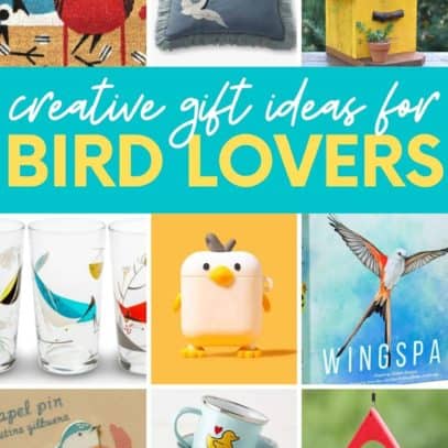 A collage of gifts for bird lovers. A text overlay reads "creative gift ideas for bird lovers"