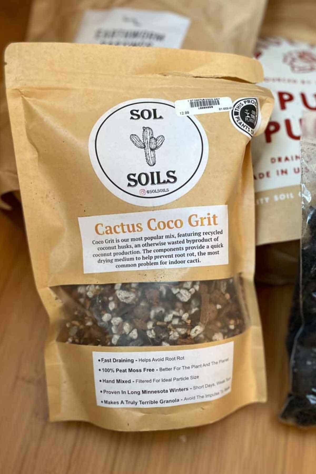 A bag of Sol Soils Cactus Coco Grit, a soil for indoor plants